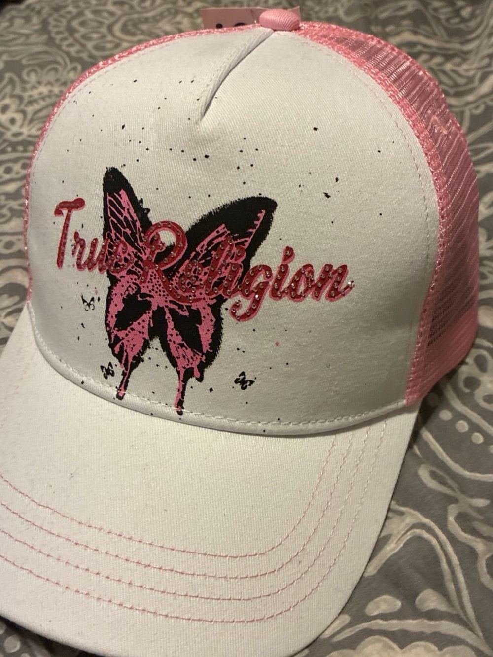 True Religion White & Pink Butterfly Mesh Trucker Hat